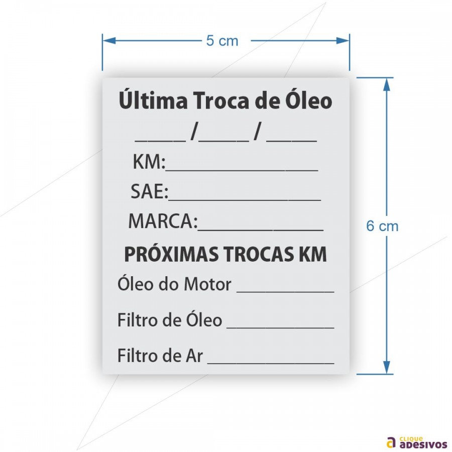 Adesivo Troca de Óleo - Formato 5x6 cm - Mínimo 200 peças